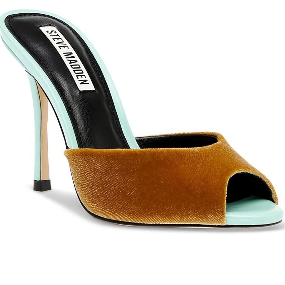 Steve Madden Velvet Peep-Toe Heels - Gold and Blue. Size 8.5